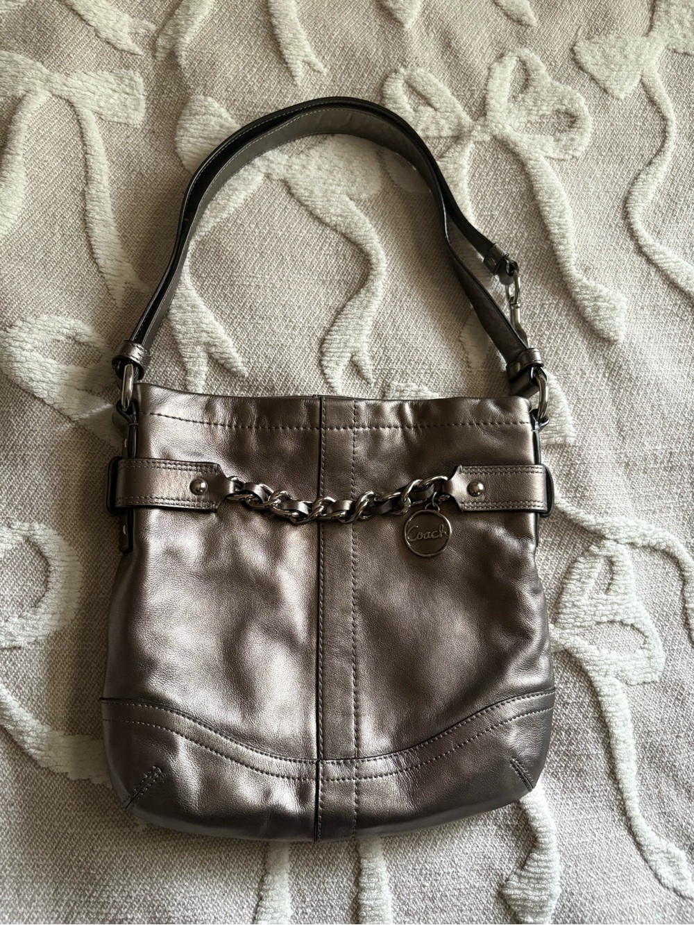 Coach Metallic Pewter Leather Chain Duffel Purse